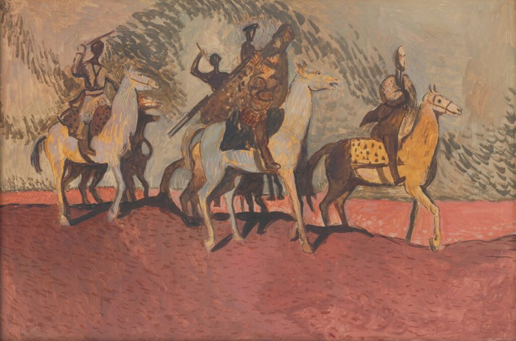 Three figures on horseback in a desert landscape.